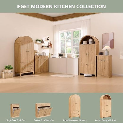 Modern Double Tilt-Out Trash Cabinet, 20 Gallon Fluted Laundry Hamper Cabinet with 2 Drawers, Wooden Hidden Garbage Can Cabinet with Storage Basket for Kitchen & Living Room, Natural Oak