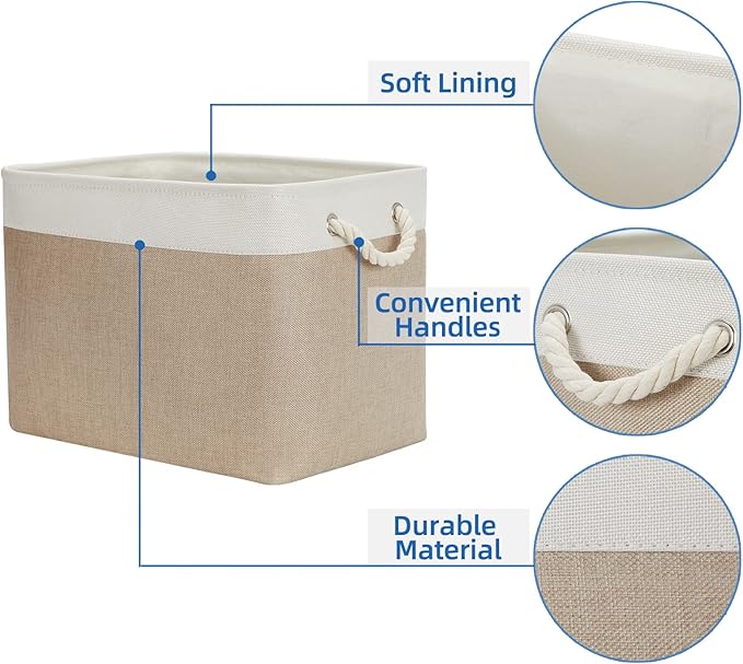 Temary Fabric Storage Baskets 2 Pack Decorative Storage Bins Basket for Gifts Empty Shelf Baskets with Handles for Organizing Home Closet, Towels (White&Khaki,16Lx12Wx12H Inches)