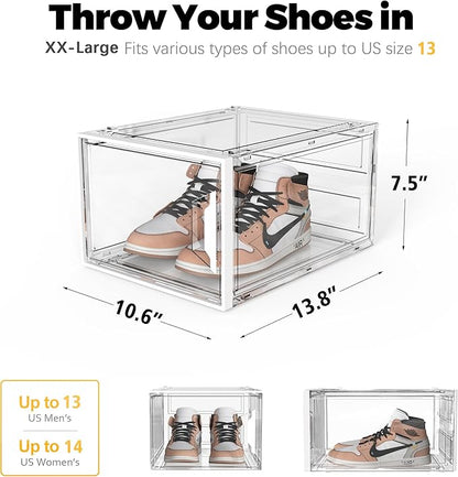 Shoe Storage Boxes Fit Size 13, White Plastic Stackable Shoe Organizer for Closet, Shoe Rack & Holder Sneaker Container, Thicken & Sturdy 6-Sided Hard Clear White 6 Pack