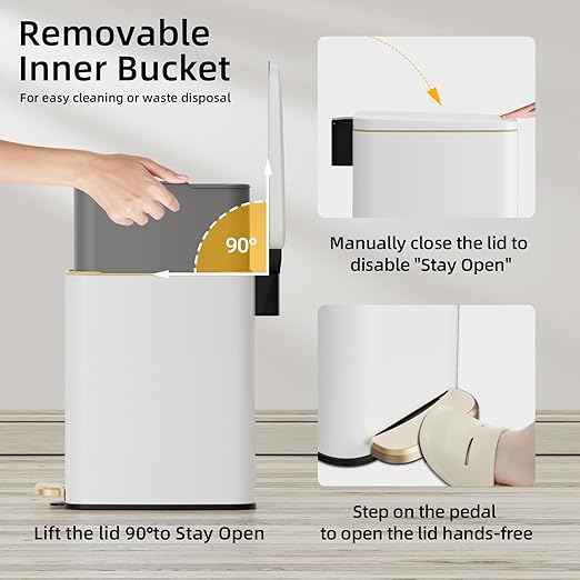 KUK Slim Bathroom Trash Can with Lid, 1.6 Gal / 6L Stainless Steel Small Garbage Bin with Detachable Inner Bucket, Step Pedal, Silent Close, Wastebasket for Toilet, Bedroom, Home, Office (White)
