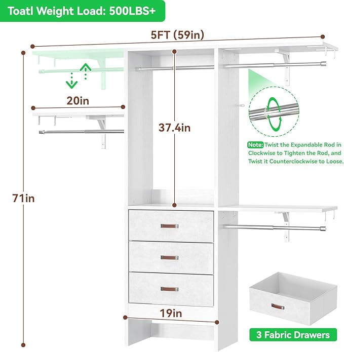 Armocity 5FT Small Closet System with 3 Fabric Drawers, 60 Inches Walk In Closet Organizer System With 3 Adjustable Shelves, Heavy Duty Clothes Rack Built-In Garment Rack, 59" L x 16" W x 71" H, White