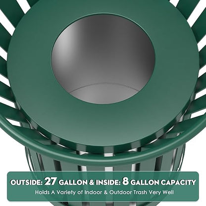 25.2IN Round Large Outdoor Trash Can, Heavy Duty Metal Slatted Garbage Can Outdoor, All Weather Resistant Commercial Garbage Cans, Waste Receptacle in Park, Beach, Patio, Green