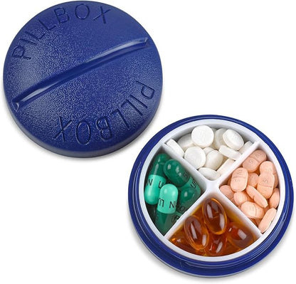 Pill Box Round for Travel - Mini Compact Portable 4 Compartment Pills Case Organizer, Vitamin and Medication Dispenser Holder for Up to 4 Times A Day, BPA Free Pill Reminder by MEDca
