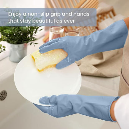 Rubber Cleaning Gloves for Dishwashing, 4 Pairs Reusable Kitchen Gloves for Washing Dishes and Household Cleaning, Blue Dish Gloves with Flocked Lining and Non-Slip Grip, Pefect for Woman Men - M
