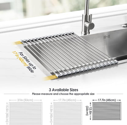 Tomorotec Stainless Steel Roll-Up Dish Drying Rack Marble Color Silicone Edges, Foldable Kitchen Rack Heat Resistant Trivet Supports up to 70 lbs, Food Safe for Dishes, Cookware & More