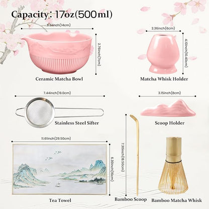 7PCs Pink Matcha Whisk Set Traditional Japanese Matcha Kit with Whisk and Bowl Matcha Making Accessories Bamboo Chasen Tea Spoon Holder Sifter Tea Towel Ceremony Macha Tea Set for Beginners