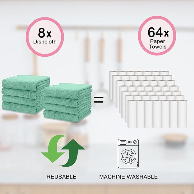 kimteny Kitchen Cloth Dish Towels, 13x28 Inches Premium Dishcloths, Super Absorbent Coral Velvet Microfiber Cleaning Cloths, Fast Drying Rags for Washing Dishes (13x28-8 Pack, Green)