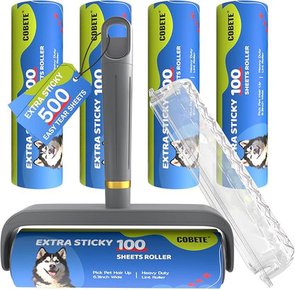 COBETE Large Surface Lint Rollers for Pet Hair Extra Sticky, 500 Sheets Mega Value Set, Dog and Cat Lint Remover for Clothes, Couch, Furniture