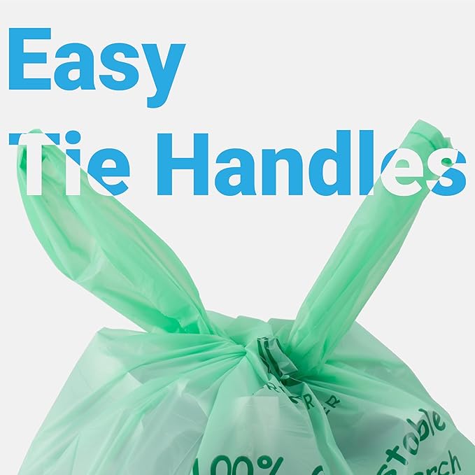 GREENER WALKER 100% Compostable Trash Bags with Tie Handles, 1.6 Gallon-150Bags, Food Scrap Kitchen Waste Bags with EN13432 Certified