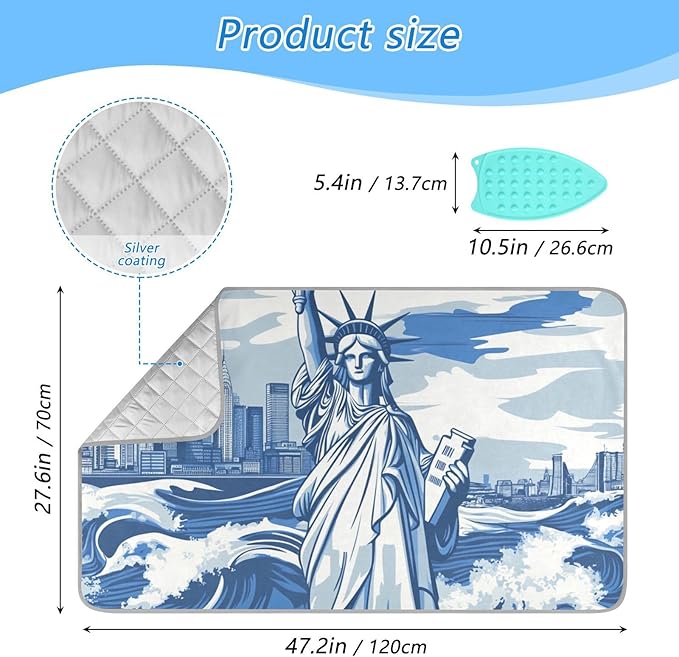 Ironing Mat Portable Ironing Pad Ironing Blanket for Table Top Heat Resistance Double-Side Using Travel Large 47.2 x 27.6 Inch Foldable Lightweight Statue Of Liberty New York Skyline Waves Bl
