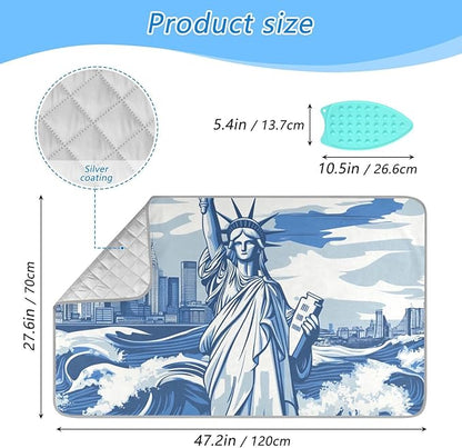 Ironing Mat Portable Ironing Pad Ironing Blanket for Table Top Heat Resistance Double-Side Using Travel Large 47.2 x 27.6 Inch Foldable Lightweight Statue Of Liberty New York Skyline Waves Bl