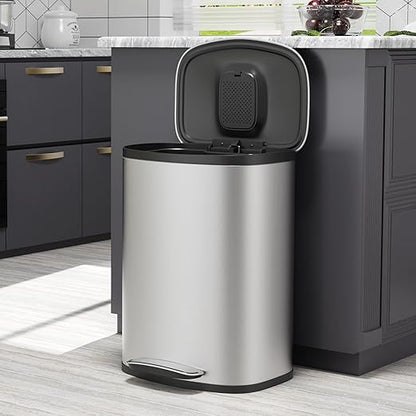 13 Gallon Stainless Steel Foot Pedal Large Trash Can with Soft Close Quiet Curved Surface Top Lid and Deodorant Storage Space, with 30 Garbage Bags for Kitchen/Home/Office Trash can and More - Silver