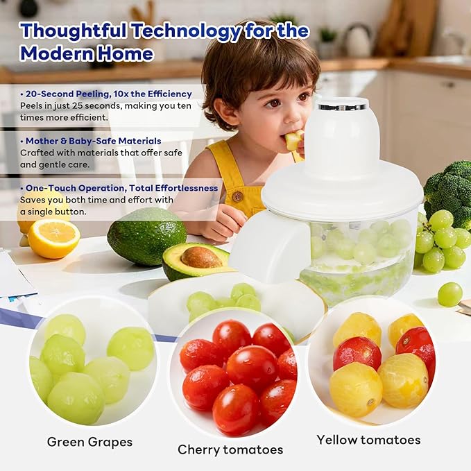 Automatic Grape Peeler Machine, Electric Garlic & Cherry Tomato Peeler Skin Remover Tool for Small Fruits, Effortless Peeling for Home Kitchen (White-1PC)