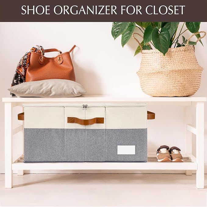 2 Pack Shoe Organizer for Closet, Adjustable Shoe Box Storage Containers, Large Foldable Shoe Bins with Clear Cover, Space Saving Shoes Holder with 4 Handles, Fits 24-48 Pairs, Beige