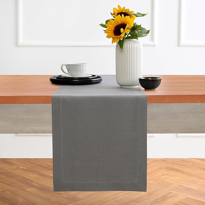 Solino Home Linen Steel Gray Table Runner 90 Inches Long - 100% Pure Linen Hemstitch 14 x 90 Inch Table Runner for Dining - Classic Hemstitch