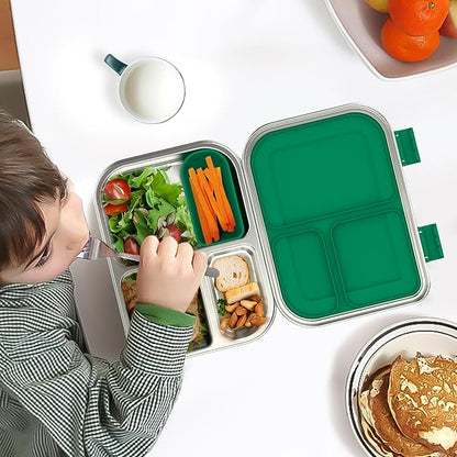 Stainless Steel Kids Leak-Resistant Bento Lunch Box, 3-Compartments with Silicone Container, Dishwasher-Safe, Child-Friendly Design for School, Picnics & Travel,BPA-Free (Green)