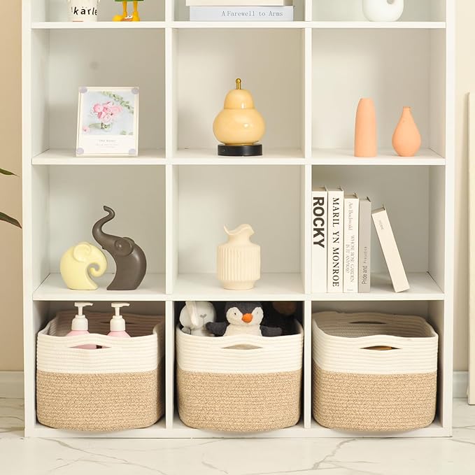 Large Storage Baskets for Organizing Shelves, Woven Cotton Rope Bins for Baby Nursery Organization, Book Toy Towel Organizer, 17"x13"x9.5", 3 Packs, Off White & Brown