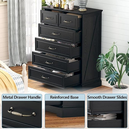 6 Drawer Dresser for Bedroom, 43" Tall Wooden Chest of Drawers, Rustic Farmhouse Dresser with Large Drawers & Metal Handles, Modern Storage Organizer for Closet, Living Room, Hallway, Black