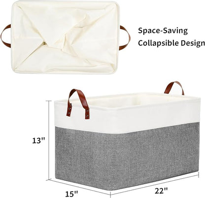DULLEMELO Extra Large Storage Basket for Organizing, 70L Oversized Storage Bin Foldable Canvas Fabric Blanket Basket, 22" x 15" x 13" Large Kids Toy Basket Organizer with Handles (White&Grey)