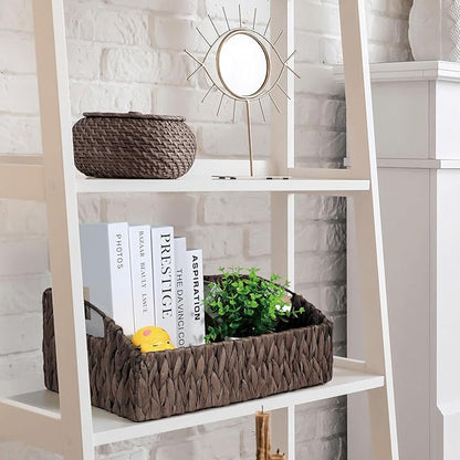 Ollieroo Natural Water Hyacinth Storage Baskets, Handwoven Wicker Storage Bins with Built-in Handles, Storage Container Baskets for Shelves, Bedroom, Bathroom, Laundry Room or Kitchen(Black)