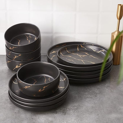 Black Gold Splash Dinnerware Sets, Marble Porcelain Plates and Bowls Sets, Modern Luxury Dish Set for 4, 12 Pieces Fine China Plates Set for Formal Dinners and Anniversaries