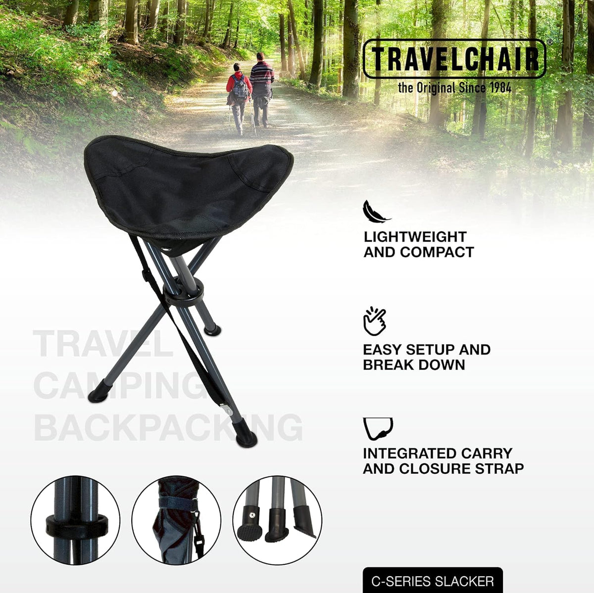 Travel Chair C-Series Slacker Tripod Chair for Camping, Lightweight Chair, Adjustable Carry Strap for Easy Transport | Outdoor Adventures Lighter Version of The Original Slacker Stool, Black - 2-Pack