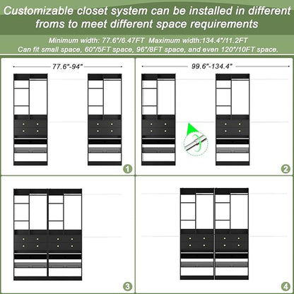 Closet System, Up to 134"/11.2 FT Closet Organizer with 4 Wooden Drawers and Shelves, Walk-in Closet System with 6 Hanging Rods, Built-in Closet Can Fit 96"/8FT, 120"/10FT, Black