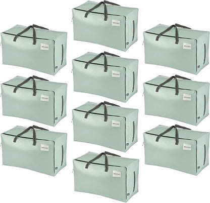 VENO 10 Pack Moving and Storage Bags, Heavy Duty, Alternative to Moving Boxes, Large Packing Totes Supplies for College Dorm Room with Zipper for Clothes, Wide Open Design (Shiny Light Green, 10 Pack)