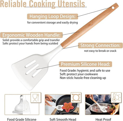 P&P CHEF Cooking Utensils Set, 6 PCS Kitchen Utensils with Wooden Handle, Silicone Spatula for Nonstick Cookware, Easy Clean & Non-toxic, White