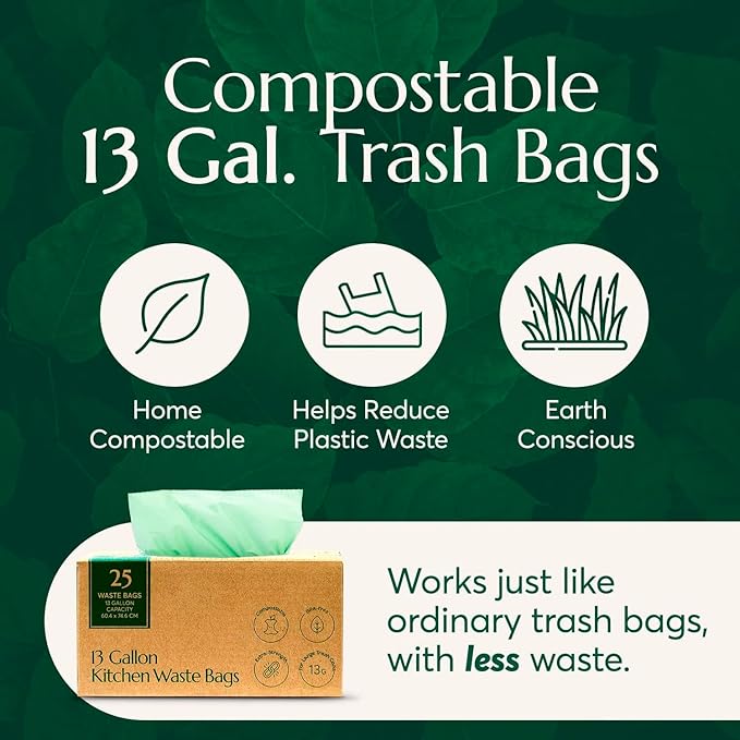 Cleanomic Compostable* Trash Bags with Drawstring (13 Gallon, 25 Units, Tall), BPI Certified For Kitchen Compost
