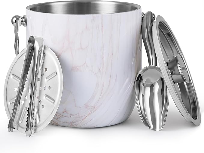 Insulated Ice Bucket, 3L Double Wall Stainless Steel Ice Bucket with Tongs,Lid, Scoop and Strainer, Ice Buckets for Parties,Cocktail Bars, Chilling Beer, Champagne, Wine Bottles