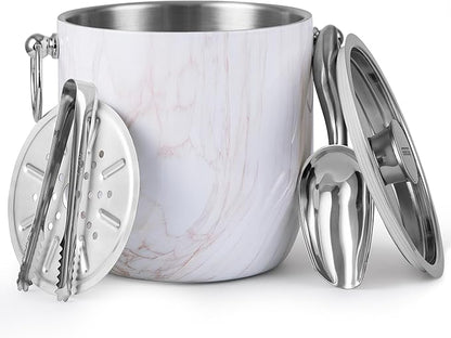 Insulated Ice Bucket, 3L Double Wall Stainless Steel Ice Bucket with Tongs,Lid, Scoop and Strainer, Ice Buckets for Parties,Cocktail Bars, Chilling Beer, Champagne, Wine Bottles