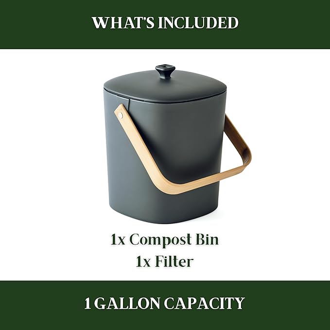 Bamboozle Countertop Compost Bin Kitchen | 1 Gallon | Odorless Composting Bin with Filters | Indoor Compost Bin with Lid | Plant Based Kitchen Composter for Food Scraps & Waste Recycling | Graphite