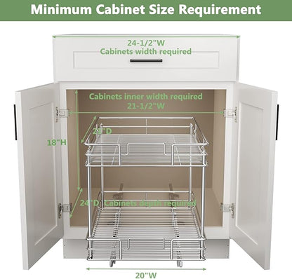 ROOMTEC Pull Out Cabinet Organizer 20" W x 21" D, Kitchen Cabinet Organizer and Storage 2-Tier Cabinet Pull Out Shelves Under Cabinet Storage for Kitchen Chrome