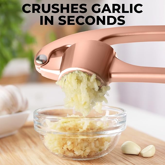 Zulay Kitchen Premium Garlic Press Set - Rust Proof & Dishwasher Safe Professional Garlic Mincer Tool - Easy-Squeeze, Easy-Clean with Soft Handle - Silicone Garlic Peeler & Brush (Rose Gold)