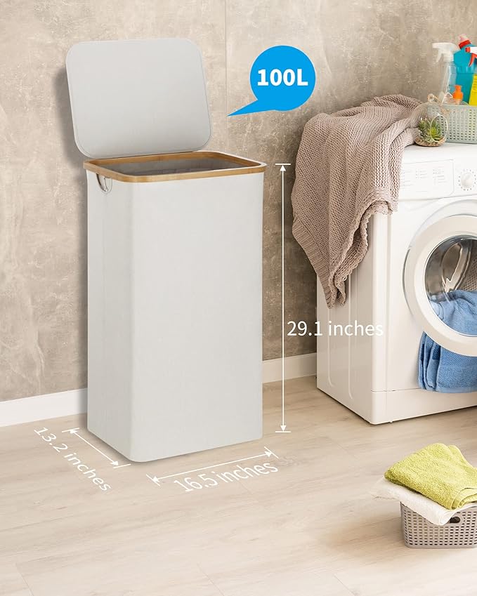 efluky Laundry Basket with Lid and Removable Bag, 100L Tall Laundry Hamper with Bamboo Handles, Aesthetic Dirty Clothes Bin for Laundry Room, Bathroom, Bedroom and Dorm, Light Grey