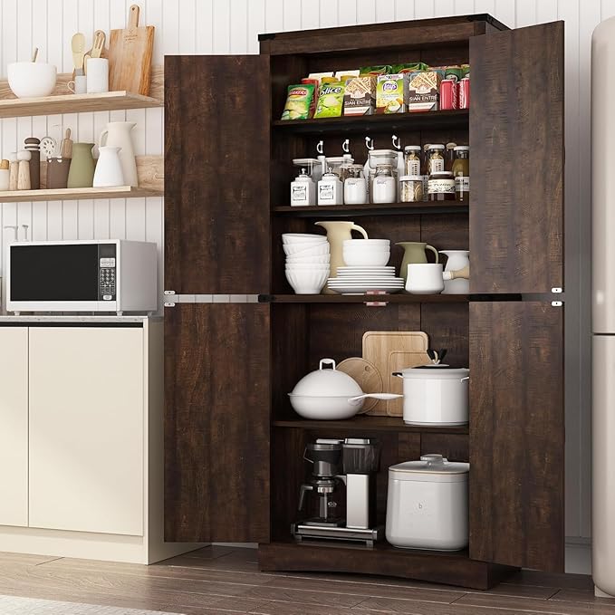 71in Farmhouse Kitchen Pantry Cabinet,Tall Storage Cabinet with 4 Doors and Adjustable shelves,with Load-Bearing Steel Pipe,Wood Storage Cabinets for Kitchen,Dining Room,Bathroom(Brown)
