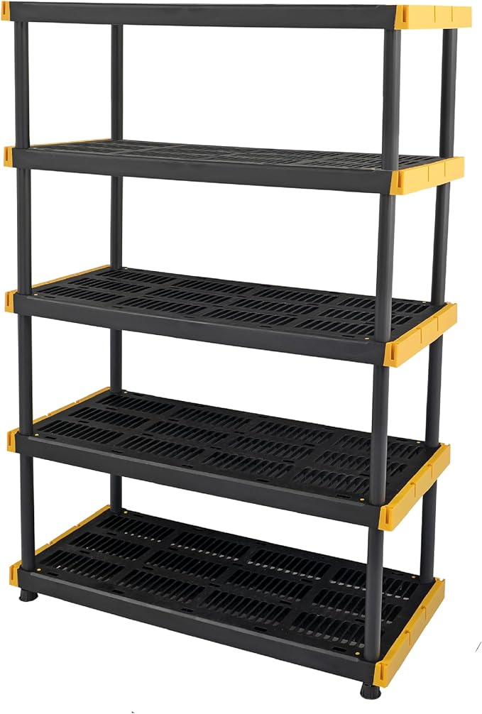 CX Black & Yellow®, 5-Tier Heavy Duty Plastic Storage Shelving Unit, 200lbs/shelf (72”H x 48”W x 20”D), for Indoor/Outdoor Organization, Modular Rack