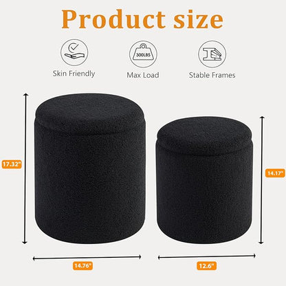 Round Ottoman with Storage Set of 2-Upholstered Sherpa Vanity Stool for Makeup Multifunctional Ottomans Coffee Table Padded Seat Foot Rest for Living Room&Bedroom(Sherpa, Black)