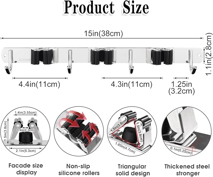 3 Racks and 4 Hooks Broom and Mop Holder Wall Mounted Garage Organizer Storage Tool Racks Stainless Steel Heavy Duty Hooks Self Adhesive Solid Non-slip Wall Hangers for Home Kitchen Garden Laundry