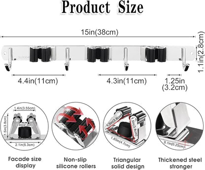3 Racks and 4 Hooks Broom and Mop Holder Wall Mounted Garage Organizer Storage Tool Racks Stainless Steel Heavy Duty Hooks Self Adhesive Solid Non-slip Wall Hangers for Home Kitchen Garden Laundry