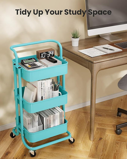 Pipishell 3 Tier Mesh Utility Cart, Rolling Metal Organization Cart with Handle and Lockable Wheels, Multifunctional Storage Shelves for Kitchen Living Room Office Turquoise