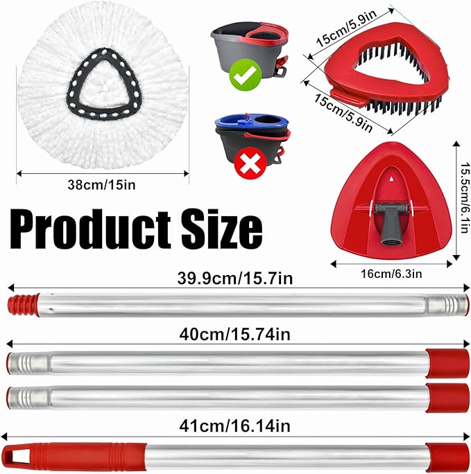 Spin Mop Heads Replacements for O Ceda EasyWring 1-Tank System, 4-Section Stainless Steel Mop Handle, 2 Microfiber Mop Head Refills, 1 Base and 1 Scrub Brush Combo Set for Floor Cleaning