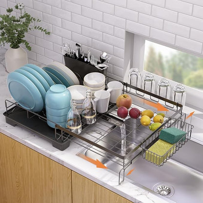 Dish Drying Rack,Extendable Dish Rack,Drying Rack with Automatic Drainboard，Dish Drainers for Kitchen Counter,Anti-Rust Dish Drainers with Cup Holders & Utensil,Black