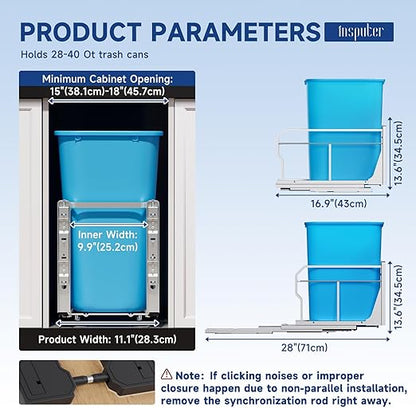 Pull Out Trash Can Under Cabinet with Push to Open Slides, Insputer Heavy Duty Under Sink Garbage Can Kit for Kitchen, Laundry, Not Included Bin, Requires 15" W X 18" D Cabinet, has Installation video