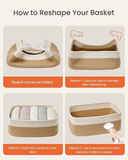 Small Woven Basket, 13.5 x 9.5 x 5 Inches, Storage Basket for Organizing, Cute Small Rope Shelf Closet Cube Storage Bins Baskets for Shelves, Dog Toy Gift Baskets Empty, 3 Pack White & Brown