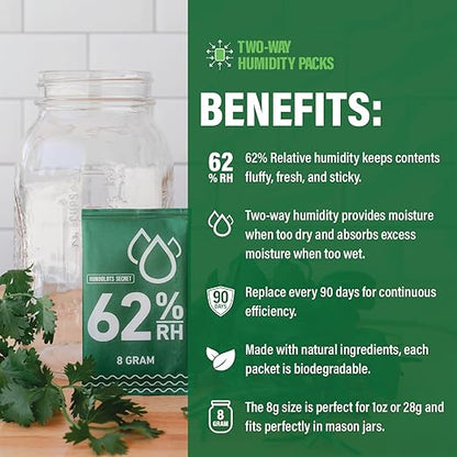 Humboldts Secret 62% Humidity Packs RH 2-Way | Moisture Absorber & Regulator for Small Containers | Relative Humidity Control Packets with Resealable Bag | 2 Way Humidity Control Packs | Pack of 10