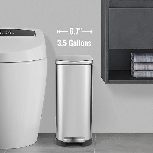 Bathroom Trash Can with Soft-Close Lid 3.5 Gallon Stainless Steel Garbage Can with Removable Inner Bucket Slim Trash Bins for Bedroom, Office (Silver)