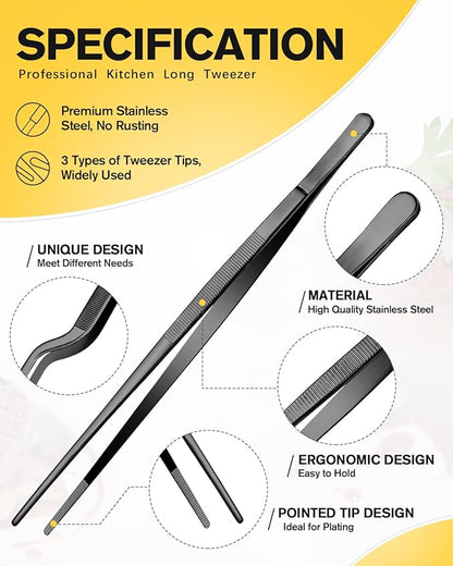 Fine Cooking Tweezers Set, Professional Stainless Steel Food Tongs, Kitchen Black Long Chef Tweezer for Cooking, Plating, Decorating and BBQ (BLACK, 12 inch)
