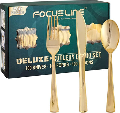 FOCUSLINE 300 Count Gold Plastic Silverware Set - 100 Forks, 100 Knives, 100 Spoons - Heavy Duty Plastic Cutlery Set Disposable Flatware for Catering, Parties, Dinners, Weddings
